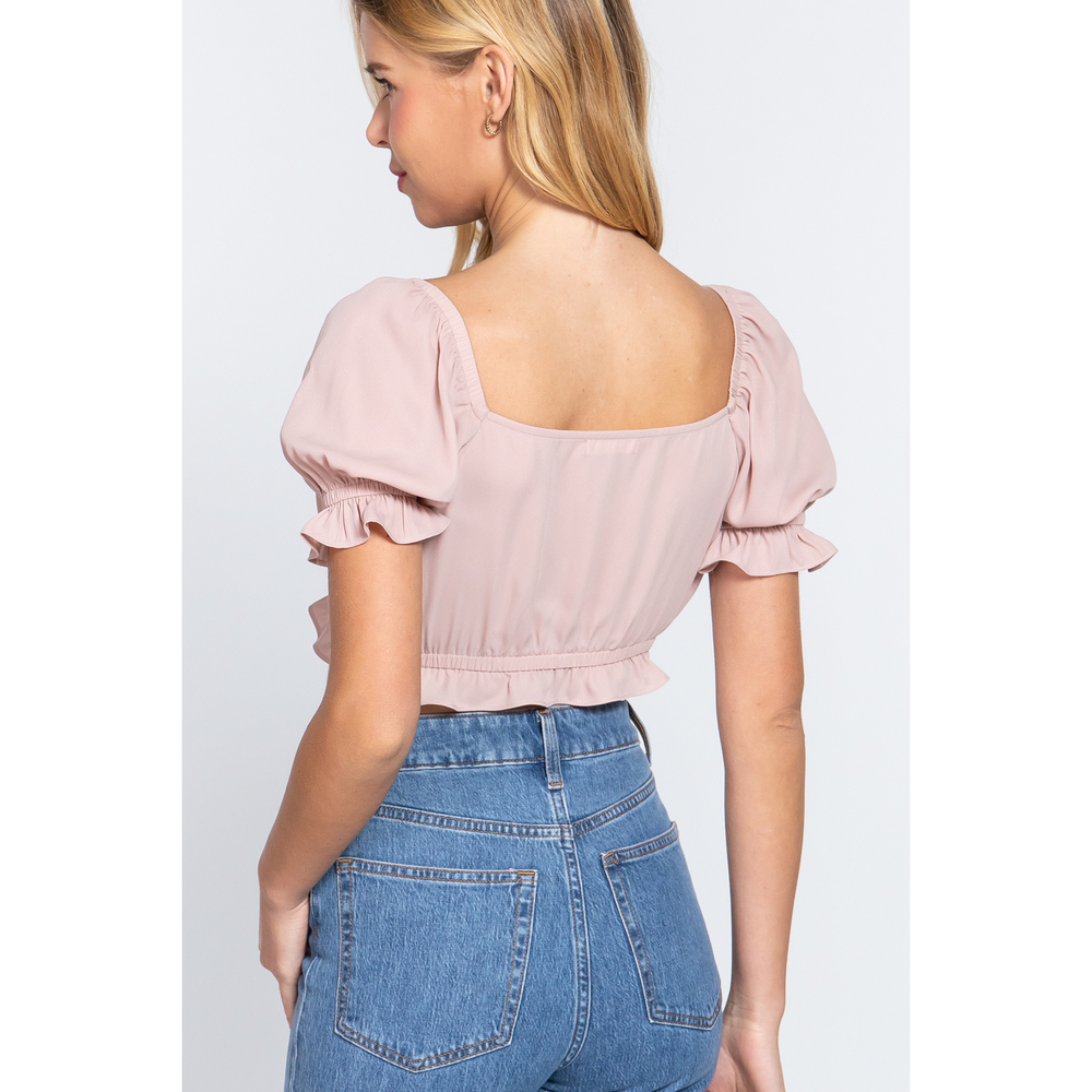 Short Slv Print Crop Woven Top - Picture 4 of 7